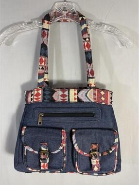 Canyon Sky Denim Tote Bag Southwestern Aztec Tapestry Pockets Shoulder Purse